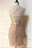 Sparkle Straps Tight Peach Sequins Short Homecoming Dress HZ1023