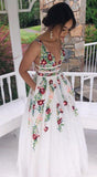 V-neck Sexy Floral Embroidered Long Prom Dresses HZ1023