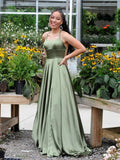 Simple green satin long prom dress, green evening dress HZ1023