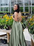 Simple green satin long prom dress, green evening dress HZ1023