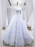 Light blue tulle lace long prom dress, blue evening dress HZ1023