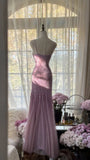 Purple Sheath Spaghetti Strap Beaded Tulle Long Prom Dress Evening Dress HZ1023