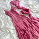 Cute A Line Spaghetti Straps Appliques Tiered Pink Chiffon Evening Dress Party Dress HZ1023