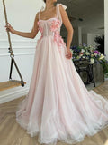 Long Pink Tulle Prom Dress Party Gowns HZ1023