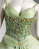 Vintage Ball Gown A Line Spaghetti Strap Beaded Pleated Green Tulle Party Dress Evening Dress HZ1023