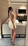 Light Champagne A Line Halter Satin Open Back Mini Homecoming Dress HZ1023