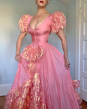 Pink Ruffle A Line Puff V Neck Satin Birthday Dress Party Dress Evening Dress HZ1023