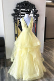 Yellow v neck tulle long A line prom dress evening dress HZ1023
