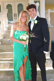 Green Sweetheart Neck Ruffle Satin Long Prom Dress Evening Dress with Slit HZ1023