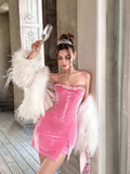 Cute Pink Sheath Spaghetti Strap Beaded Velvet Homecoming Dress Wedding Guest Dress HZ1023