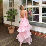 Pink A Line Halter Ruffle Chiffon Long Evening Dress Prom Dress HZ1023