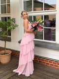 Pink A Line Halter Ruffle Chiffon Long Evening Dress Prom Dress HZ1023