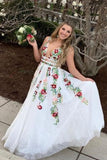 Charming V Neck Floral Embroidery Long Lace Prom Dress with Pocket HZ1023
