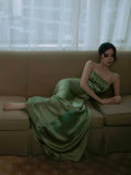 Vintage A Line Spaghetti Strap Beaded Green Satin Party Dress Evening Dress HZ1023