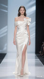 White Elegant Mermaid Off the Shoulder Satin Prom Dress Party Dress with Slit HZ1023