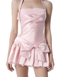 Pink A Line Halter Lace Satin Backless Mini Homecoming Dress with Bow HZ1023