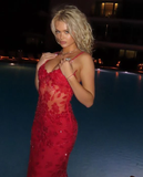 Red Spaghetti Straps Lace Beading Gorgeous Mermaid Evening Dress HZ1023