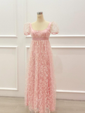 Retro Pink A Line Puff Tulle Long Prom Dress Party Date Dress HZ1023