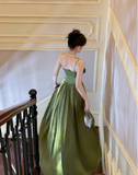 Green A Line Straps Floral Satin Prom Dress Evening Dress Formal Dress HZ1023