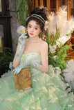 Princess A Line Sweetheart Neck Beaded Green Tiered Tulle Long Party Dress Evening Dress HZ1023