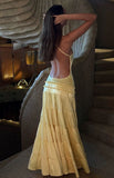 Simple Yellow A Line One Shoulder Satin Open Back Prom Dress Wedding Guest Dress HZ1023