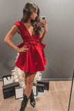 Red Deep V-neck Floral Bow Satin Short Homecoming Dresses HZ1023