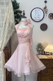 Gentle A Line Halter Pink Chiffon Short Homecoming Dress Cocktail Dress HZ1023