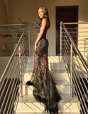 Sexy Sheath Sweetheart Neck Black Feather Sequin Tulle Long Prom Dress Graduation Prom Dress HZ1023