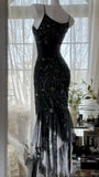 Charming Mermaid Spaghetti Strap Beaded Black Chiffon Prom Dress Evening Dress HZ1023