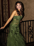 Charming Green Strapless Lace Appliques Mermaid Formal Prom Dress Evening Dress HZ1023