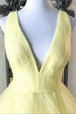Yellow v neck tulle long A line prom dress evening dress HZ1023