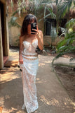 White Sheath Sweetheart Neck Lace Two Piece Evening Dress Outfit with Slit HZ1023