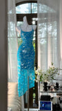 Stunning Sheath Spaghetti Straps Sequin Blue Chiffon Party Dress Evening Dress HZ1023