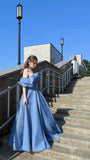Princess Blue A Line Off the Shoulder Organza Prom Dress 16th Birthday Dress Date Dress with Slit HZ1023