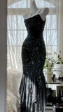 Charming Mermaid Spaghetti Strap Beaded Black Chiffon Prom Dress Evening Dress HZ1023