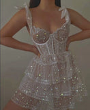 Cute A Line Straps Layered Lace Tulle Short Homecoming Dress HZ1023