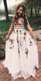 Charming V Neck Floral Embroidery Long Lace Prom Dress with Pocket HZ1023