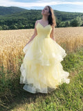 Yellow v neck tulle long prom dress, yellow tulle formal dress HZ1023