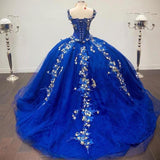 Royal Blue Ball Gown Quinceanera Dresses Off the Shoulder Beaded 3D FLowers Sweet 16 Dress Girls Party Gowns vestidos de quincea?era HZ1023