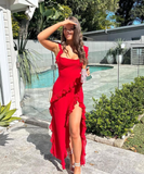 Red Chiffon Prom Dress Long Ruffle Party Dress Evening Dress HZ1023