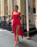 Red Chiffon Prom Dress Long Ruffle Party Dress Evening Dress HZ1023