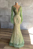 Sexy Deep V Neck Green Prom Dress Full Sleeve Crystals Sequined Mermaid Fashion Evening Gown Pageant Dresses HZ1023
