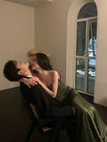 Dark Green Mermaid Spaghetti Strap Satin Prom Dress Wedding Guest Dress Date Dress HZ1023