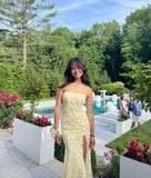 Pastel Yellow Sheath Strapless Applique Tulle Long Prom Dress With Side Slit HZ1023