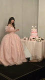 Princess Pink Ball Gown Puff Appliques Sequin Tulle 18th Birthday Dress Prom Dress HZ1023