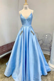 A Line V Neck Blue Satin Long Prom Dresses With Pocket HZ1023