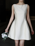 Simple A Line Round Neck Pearl White Satin Short Homecoming Dress Birthday Dress HZ1023