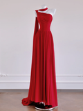 Flowy Red A Line One Shoulder Chiffon Long Prom Dress Party Dress HZ1023