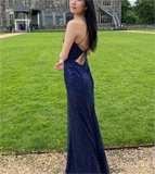 Navy Blue V Neck Long Sequin Evening Dress Prom Dress HZ1023