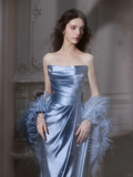 Blue Sheath Strapless Feather Rhinestone Satin Long Prom Dress 16th Birthday Dress HZ1023